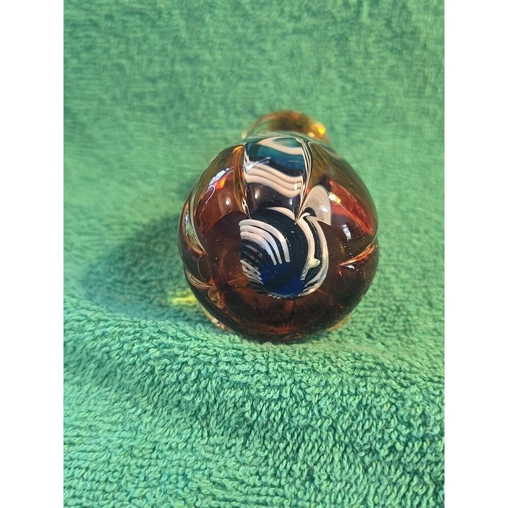 Murano Style Glass Cat Paperweight Amber w/ Blue White Swirl - Picture 5 of 7